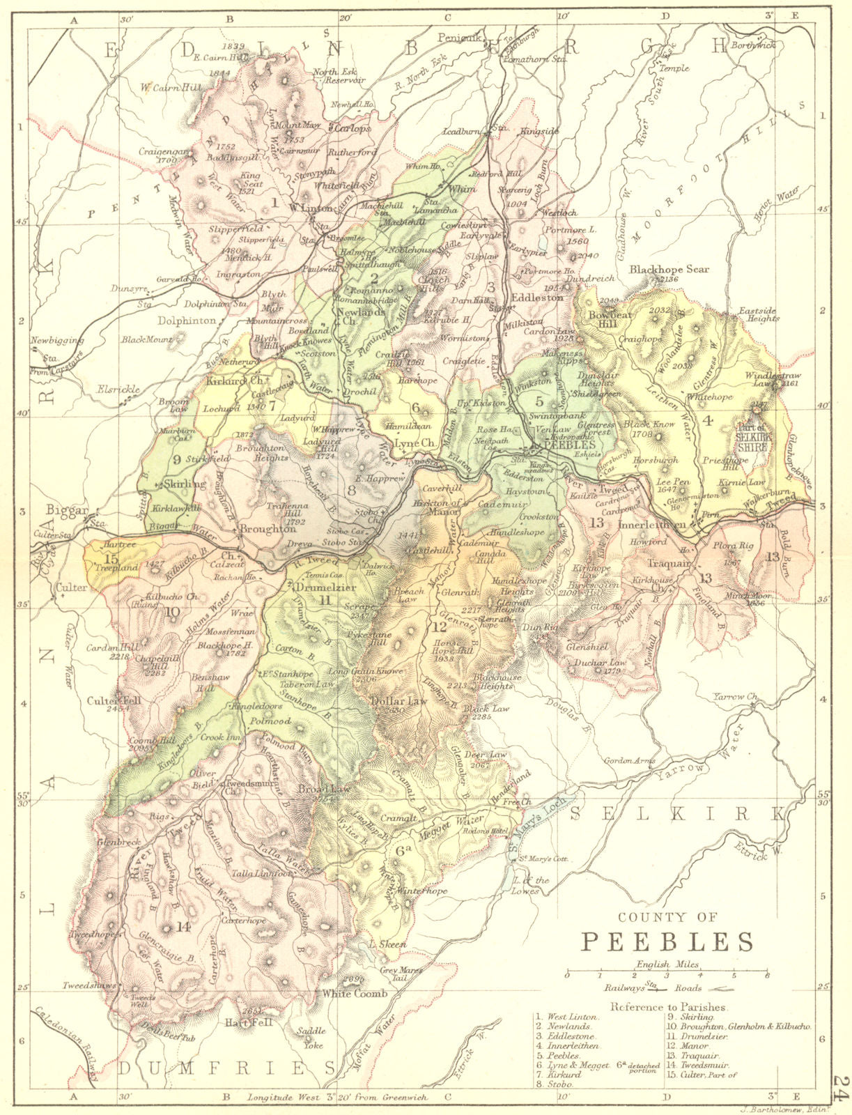 SCOTLAND. Peebles. Peeblesshire. Philip 1891 old antique map plan chart